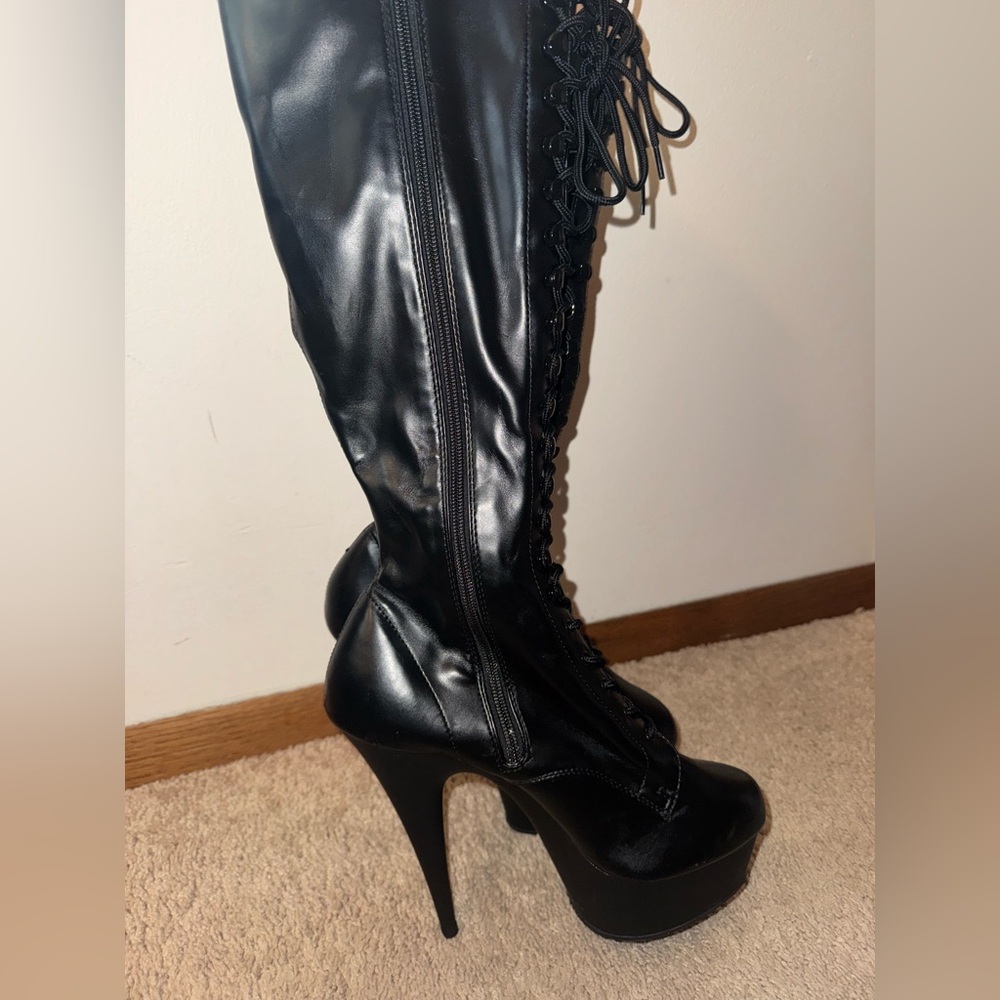 Pleaser Black Platform Heeled Boots with Lace-Up Design